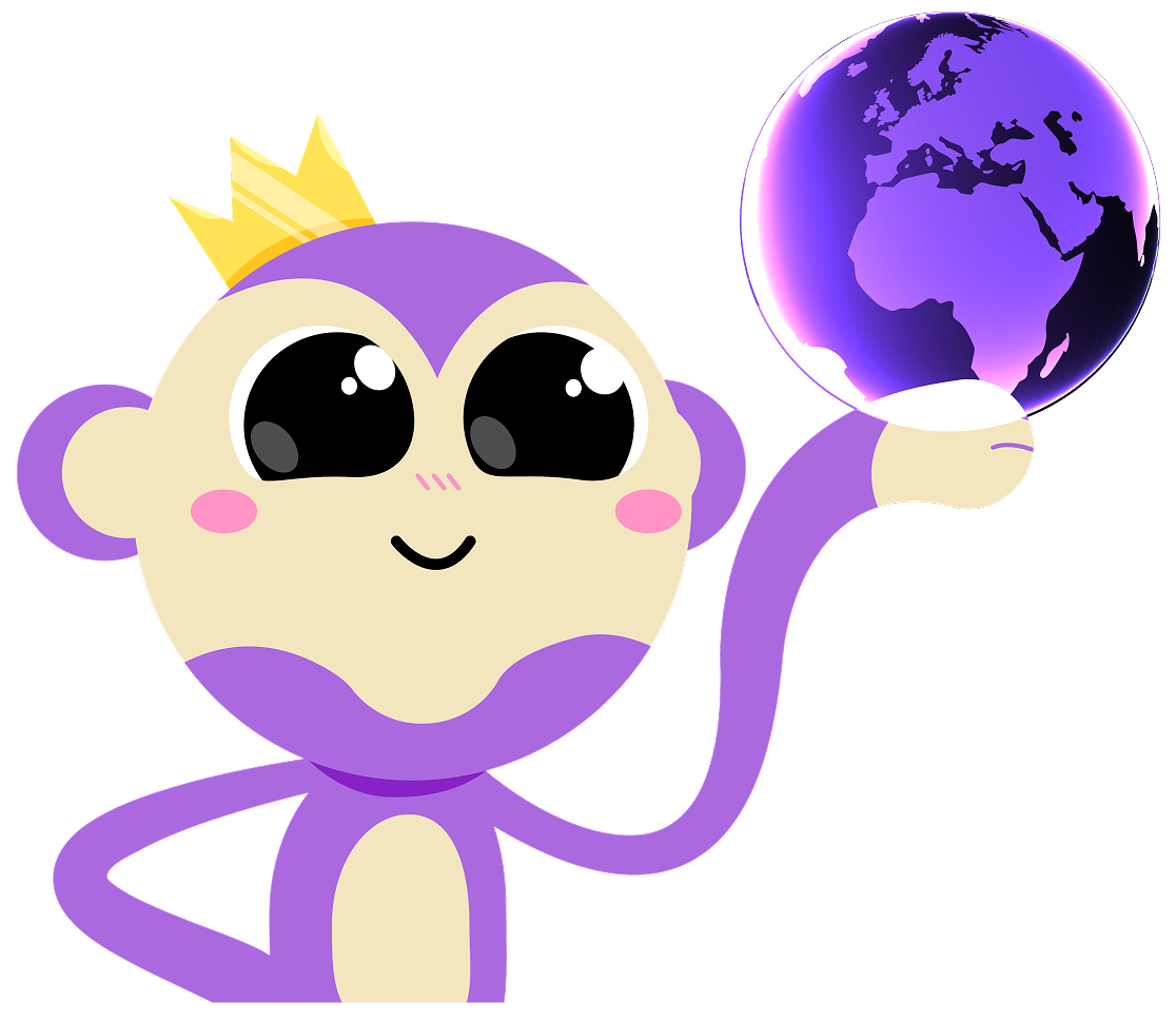 MonkeyStake mascot holding the world